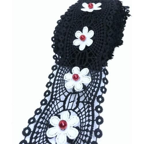 HWARM 10yard 7cm Black 3D African Lace For Craft Fabric With Beads Rhinestone Skirt Sewing Trim Accessories Wedding Decoration
