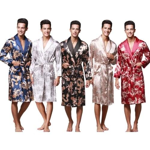 Japanese Traditional Dragon Print Kimono Yukata Sleepwear fashion for Men Male Luxury Asian Spa Stain Silk Homewear Robe Costume