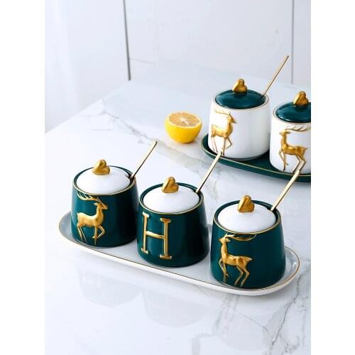 High-grade ceramics Seasoning jar Set seasoning box Combination cute kitchen Sugar salt seasoning bottle Spice jar household