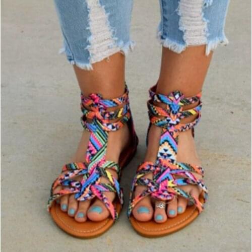 Women Flat Shoes Summer Bohemian Gladiator Roman Sandal Boho Sandalias Mujer Colorful Female Beach Flat Shoes
