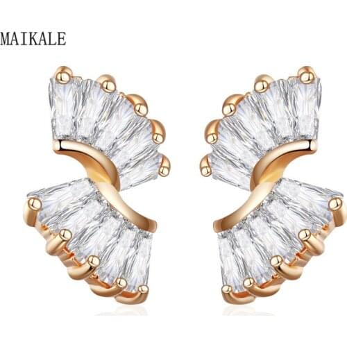MAIKALE New Fashion Unique Wing Shape Small Stud Earrings for Women Gold Geometric Cubic Zirconia Earrings Charm Jewelry Gifts