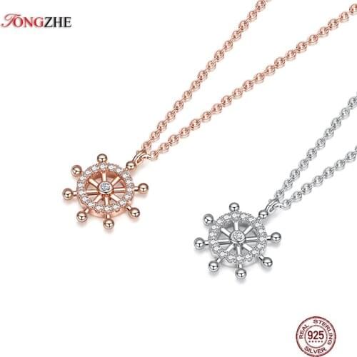 TONGZHE 925 Sterling Silver Long Necklace Women Charms Rudder Anchor Rose Gold Necklace Men Jewelry Custom Choker Link Chain 18"