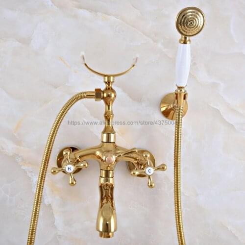 Gold Color Brass Wall Mounted Bathroom Clawfoot Bathtub Faucet & Hand Shower Basin Sink Mixer Tap & Hand Shower Nna947