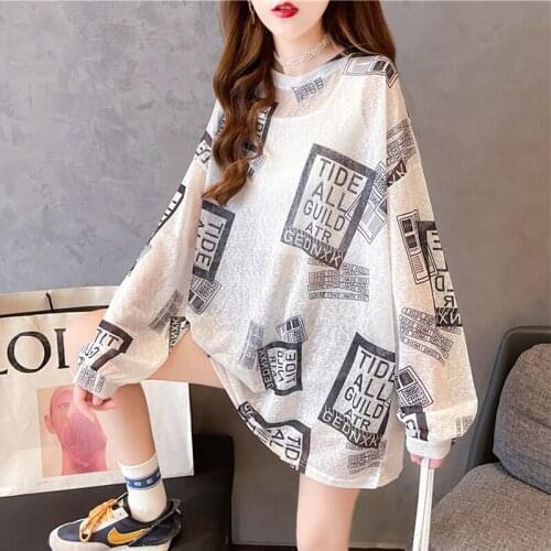 #0151 Blue White Pink Long Sleeves Sunscreen Clothes Women Summer Casual Loose Thin Tops T Shirt Women O Neck Fashion Print