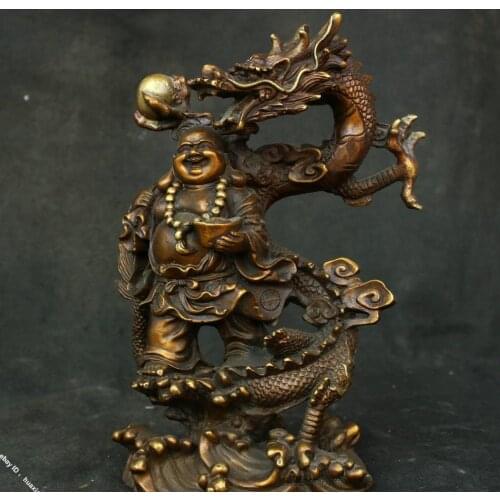 10" Chinese Old Bronze Brass Maitreya Happy Buddha Stand Dragon Bead Sculpture