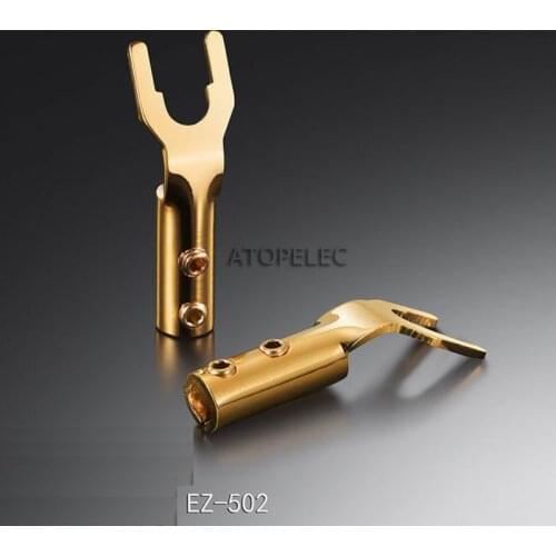 2pcs EIZZ 24K Gold Plated Pure Red Copper Speaker Spade Y Fork Plug Connector Terminal Screw Fix HiFi Audio CD TV AMP