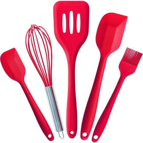 5pcs/set Silicone Kitchen Accessries Slotted Shovel 2sizes Spatula Mini Brush Egg Beater Red Color For Non-stick Pot
