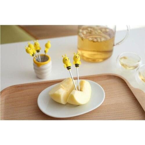 6pcs+1 ceramic pot Fruits Fork Silicone Bee Vegetable Fork Fruit Snack Dessert Forks Holder For Party