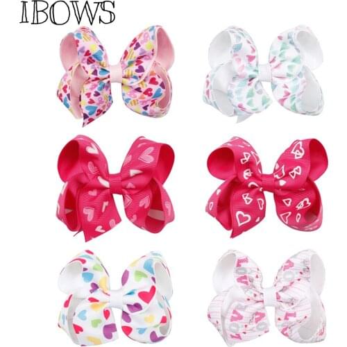 Valentines Day Hair Accessories 2Pcs/Lot 4'' Printed Colorful Heart Hair Bows Grosgrain Ribbon Hair Clips For Girls/Children