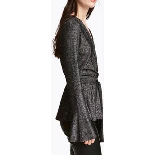 Autumn Spring Fashion Women Deep V Neck Full Flare Sleeve Giltter Blouse Shirt , Female Womens Bow Ruffle Sequin Blouses Shirts