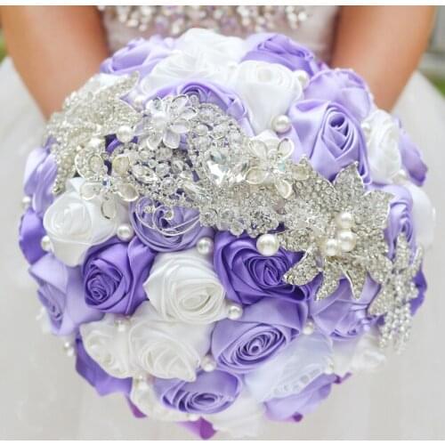 DIY brooch bouquet Silk Bride Bridal Wedding Bouquet Bridesmaid Lavender color& white Ribbon roses Customizable bouquets