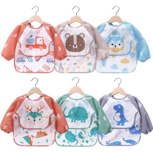 Baby Teething Bib Cartoon Patterns Long Sleeve Bandana Bib With Food Catcher Self Feeding Apron For Teething Drooling Eating