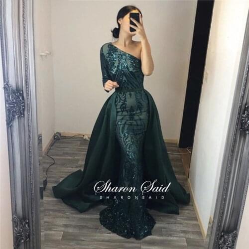 Dubai Emerald Green Sequin Mermaid Evening Dress with Deatchable Skirt Long Sleeve Muslim Formal Dresses Arabic Prom Party Gowns