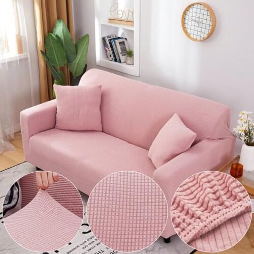 Plaid Jacquard Soft Fabric Pink Sofa Cover For Living Room Solid Color All-inclusive Modern Elastic Corner Couch Slipcover 45012