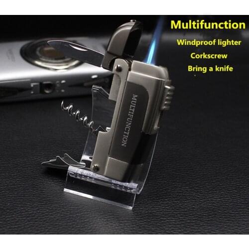Personalized Hot-Selling Multifunctional Butane Jet Lighter Cigar Lighter Pipe Accessories Turbine Windproof Belt Knife