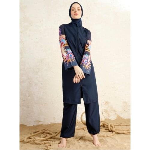 Muslim Swimwear Women Navy Blue Modest Patchwork Hijab Long Sleeves Sport Swimsuit 3pcs Islamic Burkinis Wear Bathing Suit
