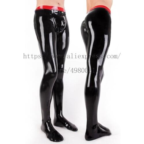 Novelty Fetish latex pants men with feet and attached cod pieces in black color