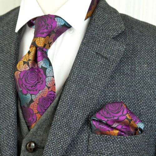 Wholesale Rose Multicolor Fuchsia Red Yellow Blue Floral Mens Ties Set Neckties Handkerchieves 100% Silk Free Shipping