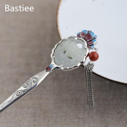 Bastiee Lotus Flower 925 Sterling Silver Hair Stick Jade Luxury Chinese Wedding Jewelry Vintage Hairpins Women Jewellery