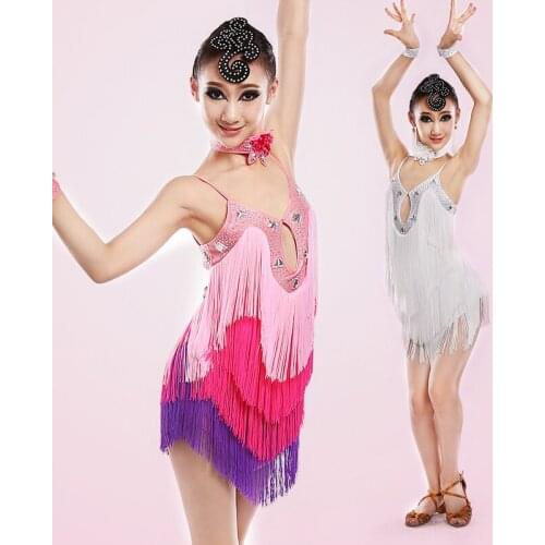 Sequins Tassel Competition Latin Dance Dress for Girls Dress Gymnastics Practice Ballroom Dancing Dress Kids Latin Dancewear