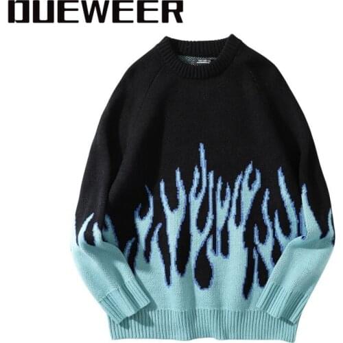 Dueweer Winter Harajuku Printed Pullovers Oversized Sweaters Flame Knitted Men Women Hip Hop Red Blue Flame Pullover Sweater