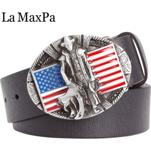 La MaxPa Mens genuine leather belt west cowboy style buckle cowboy myth American Western Story US flag jeans belt