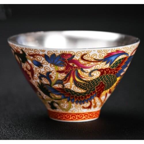 Silver Ceramic Phoenix Tea Cup Unique tea set for milk oolong tea Bone china Cover bowl auspicious Teacup