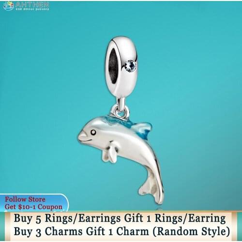 Ahthen 925 Sterling Silver Shimmering Dolphin Dangle Charms fit Original Pandora Bracelets for Women Jewelry Making Girl Gift