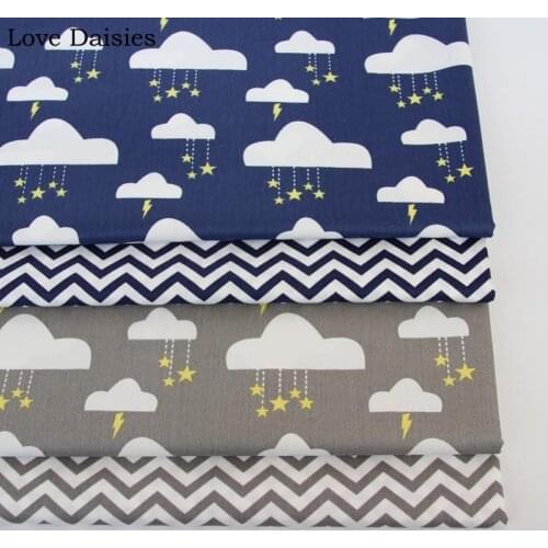 100% cotton twill cloth DARK BLUE GRAY cartoon clouds stars chevron fabric for DIY crib bedding cushion patckwork handwork decor