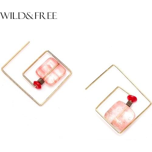 WILD & FREE Women Vintage Pink Natural Stone Drop Earrings Zinc Alloy Antique Gold Open Dangle Earrings Jewelry for Party