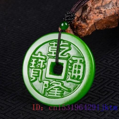 Green Jade Copper coin Pendant Jewelry Fashion Women Chinese Carved Gemstone Charm Necklace Amulet Jadeite Gifts Natural