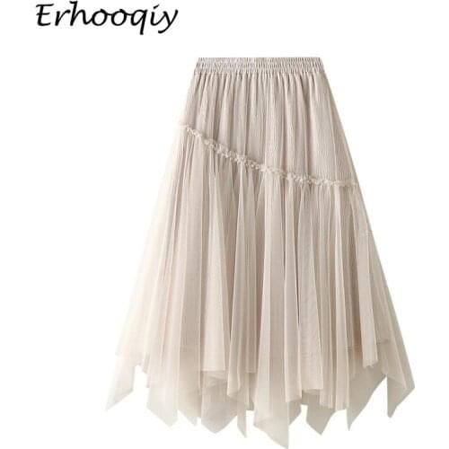 Women irregular Long Tulle Skirts Female Velvet Midi Pleated Skirt Lady Beige Brown Beading Maxi Skirt Female Faldas Jupe Femme