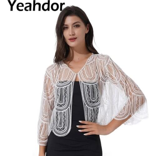 Women Bridal Sequins Bolero Shawl Long Sleeve Shrug Cardigan Tops Cape Wedding Party Jacket for Sleeveless Dress Wrap Cover Ups