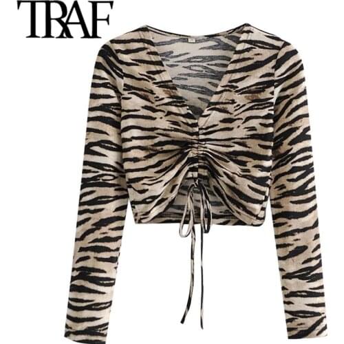 TRAF Women Fashion With Drawstring Animal Print Cropped Blouses Vintage V Neck Long Sleeve Female Shirts Chic Tops