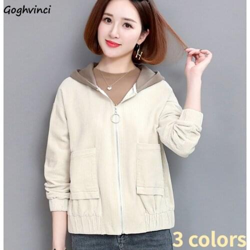 Women Basic Jackets Corduroy Spring Patchwork Hooded Zippers Loose Oversize Female All-match Outwear Casual Coats Fashion Tops