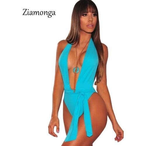 Ziamonga Deep V Neck Lace Up Sexy Bodysuit Backless Halter Women Bodysuits 2018 Summer Short Elegant Rompers Womens Jumpsuit