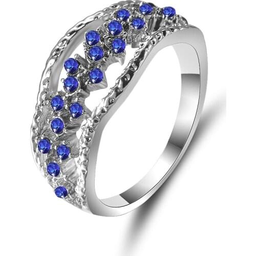 Womens Blue Crystal Ring Multilayer Openwork Design Personality Fashion Wedding Ring Jewelry Engagement Girl Jewelry Gift