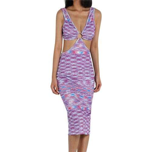 Women Summer Ribbed Knitted Dress Splicing Printing Deep V-Neck Sleeveless Backless Hollow-Waist Sheath Bodycon Long Dress 2021