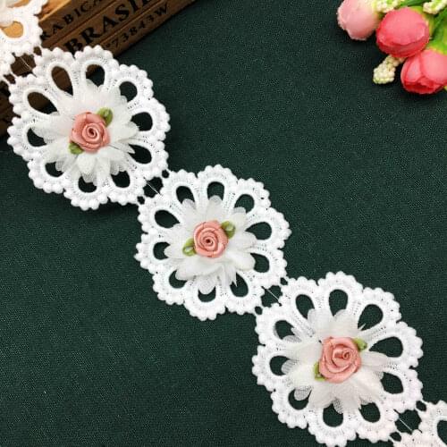 1 Yard 6.5CM Cotton Lace Ribbon 3D Flower Embroidered Lace Trim Fabric Sewing Craft For Costume Wedding Dress Hat Decoration