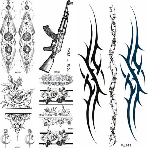 Large Sexy Realistic Flower Bracelet Temporary Tattoos for Adults Women Body Art Rose Gun Waterproof Big Arm Fake Tattoo Chains