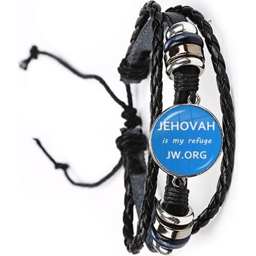 Jehovah Is My Refuge JW.ORG Bracelet Punk 20mm Glass Cabochon Black/Brown Leather Bangle Jewelry For Catholicism Gift