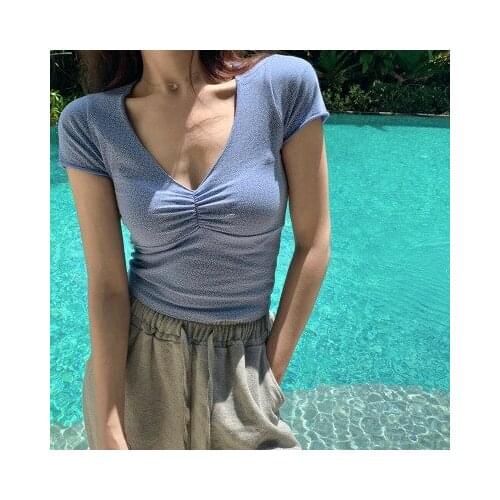 Brand quality pleated V-neck women T shirts tops 2020 summer new sweet blue floral cotton slim women tshirt short woman clothes