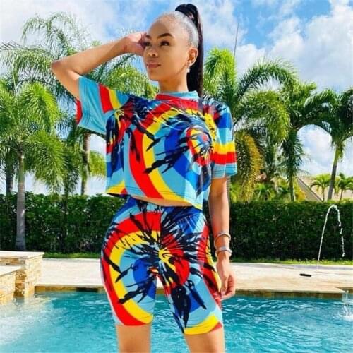 Tie Dye Print 3 Piece Set with Mask Short Sleeve Loose T Shirt+ Shorts Fashion Home Fitness Clothing Sportswear Tracksuit S-XXL