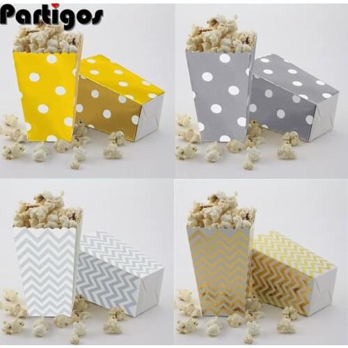 6pcs/lot Party Popcorn Boxes Gold Silver Paper Popcorn Candy Sanck Boxes Disposable Tableware Containers for Movie Supplies