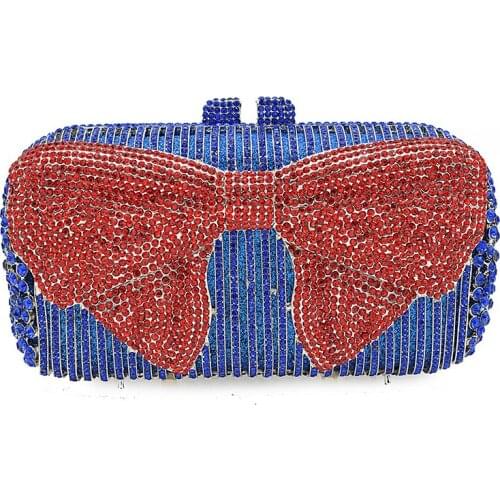 Beauty Blue/Red Crystal Clutch Bags Silver Metal Bow Women Evening Clutches Purse Lady Dinner Diamond Handbag Chain Shoulder Bag