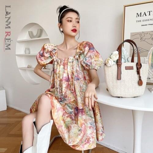 LANMREM Women Printing Bow Dress Round Neck Short Puff Sleeve Loose Fit Female Fashion Tide Summer 2021 New Arrivals 2E1887