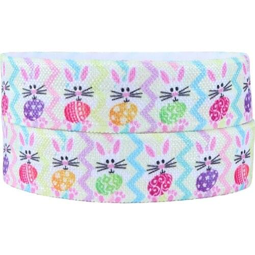 Flora Ribbons Easter holiday cheer foe ribbon, 5/8" dancing rabbit printed fold over elastic for holiday gift wrapped