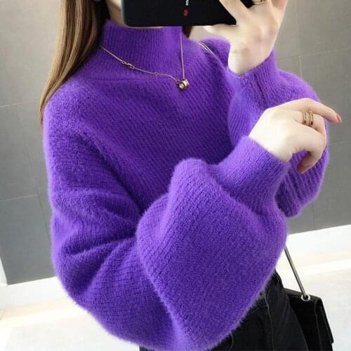 Fashion Autumn Winter Women Sweaters Thick Mohair Turtleneck Soft Lantern Sleeve Short Pullovers Sweater Solid Women Jumpers