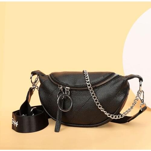 Genuine Leather Messenger Bag Women Letter Chains Single Shoulder Chest Cowhide Handbag Wide Straps Day Clutches Bolsas Femenina