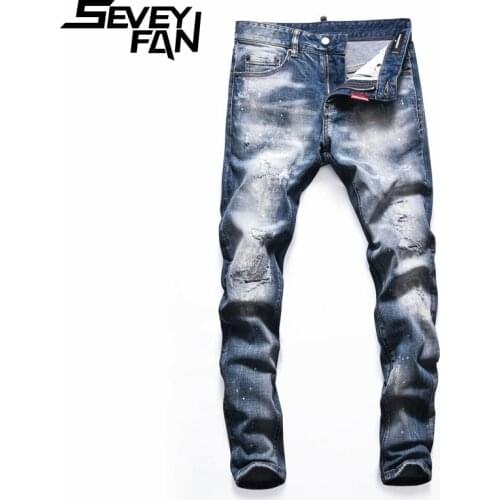 SEVEYFAN Mens Skinny Painted Ripped Jeans Stretch Washed Hole Pencil Denim Pants Blue Slim Trousers Male